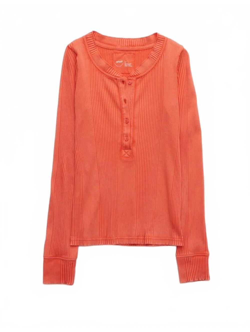Aerie Coral Orange Road Trip Long Sleeve Henley Ribbed T-Shirt Large